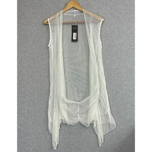 Vigorella Draped Vest‎ White Open Mesh Sheer Sleeveless Asymmetric One Size READ